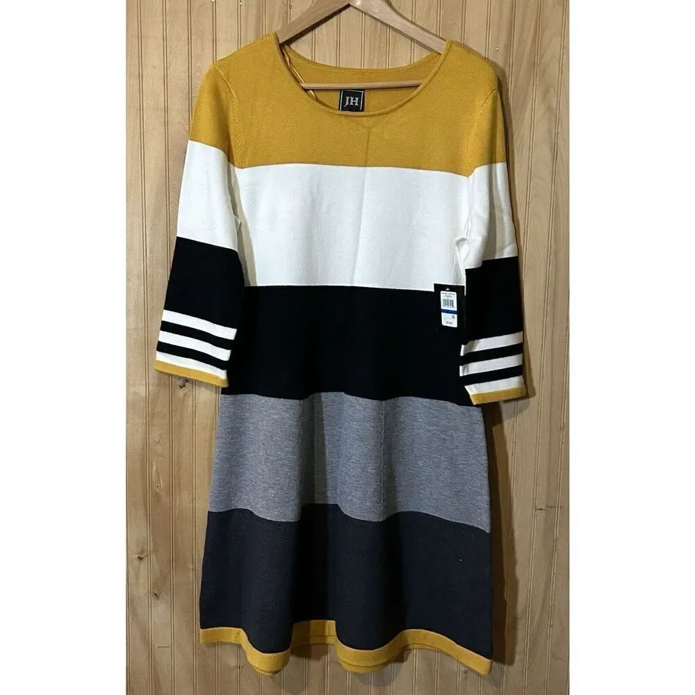 JH Womens Sweater Dress Sz XL Mustard Gray White Colorblock A-Line 3/4 Sleeve